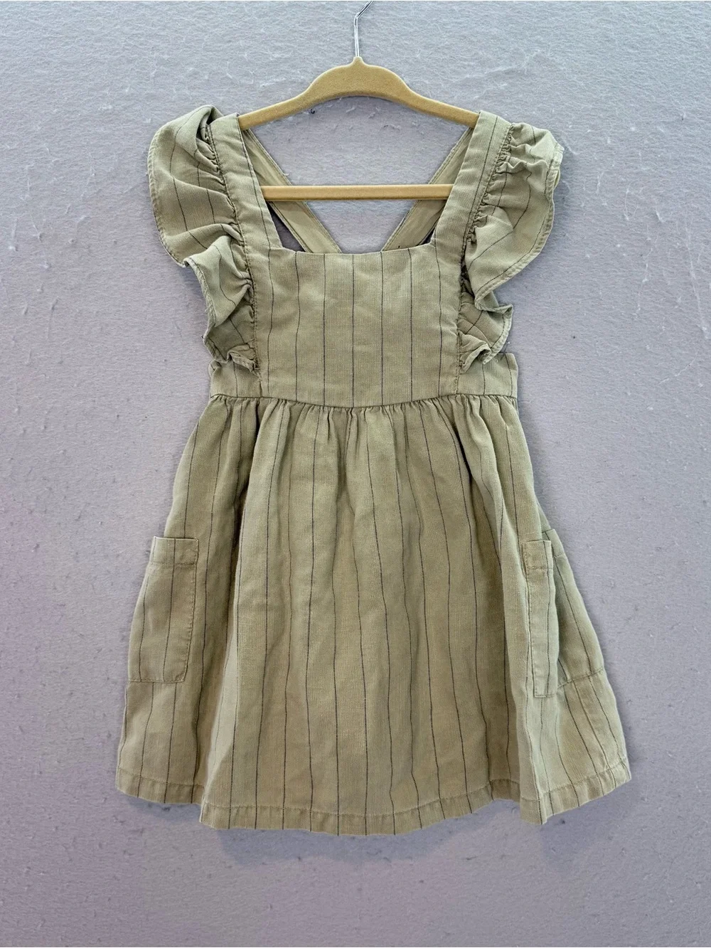 ZARA - New Baby Girl striped Linen blend sleeveless dress sage green 12-18 month